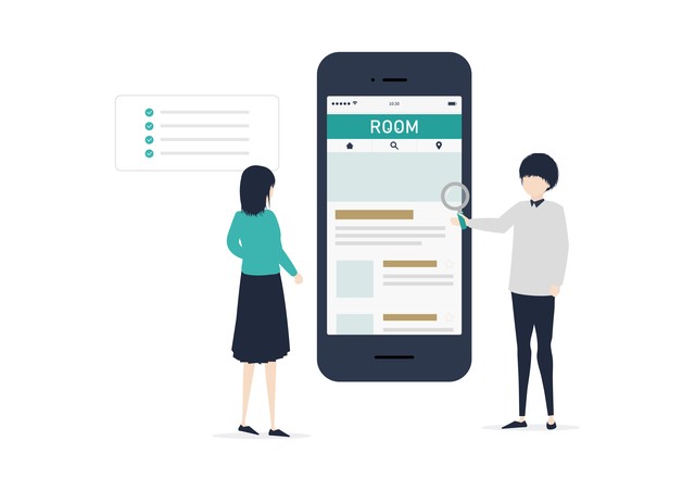 スマホでお部屋探しをする男女のイラスト素材